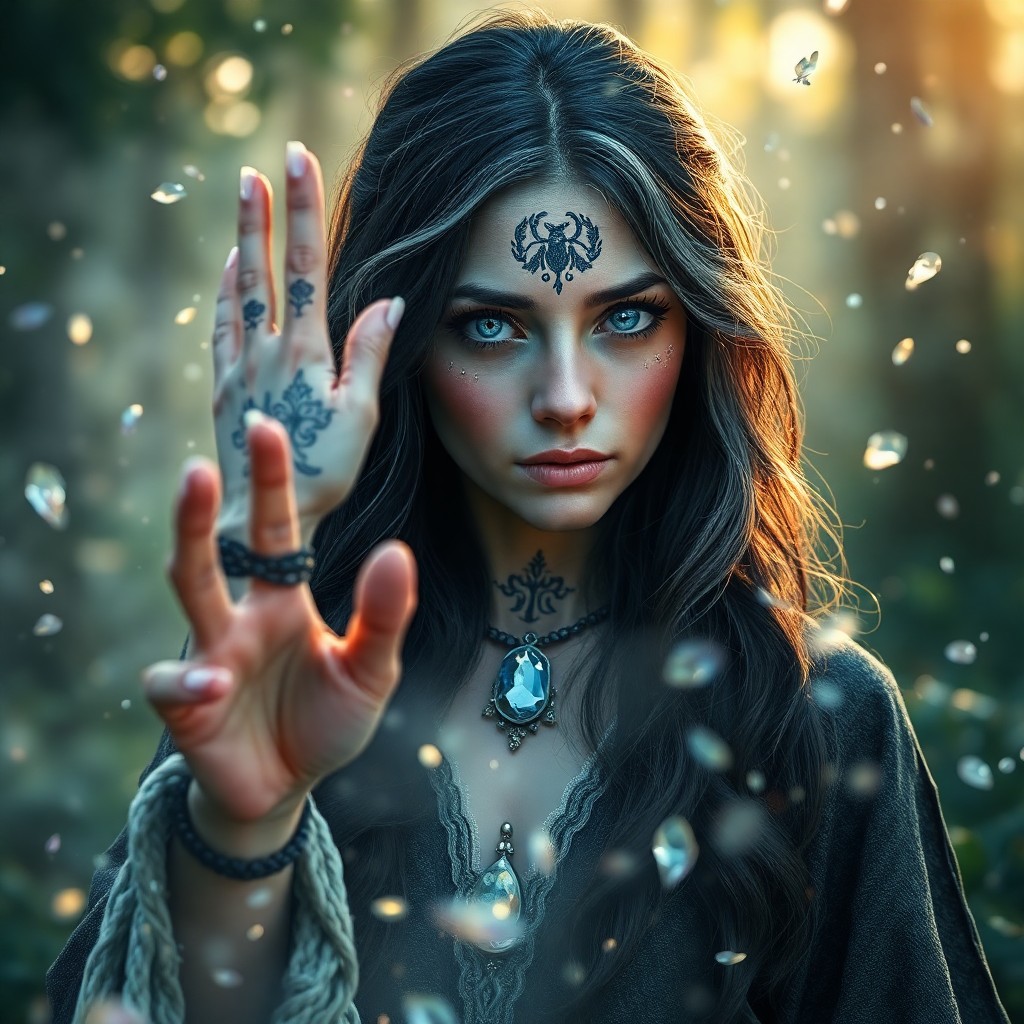 AI generated art for prompt: Create a photorealistic portrait of a wise European sorceress with piercing ice-blue eyes and raven 