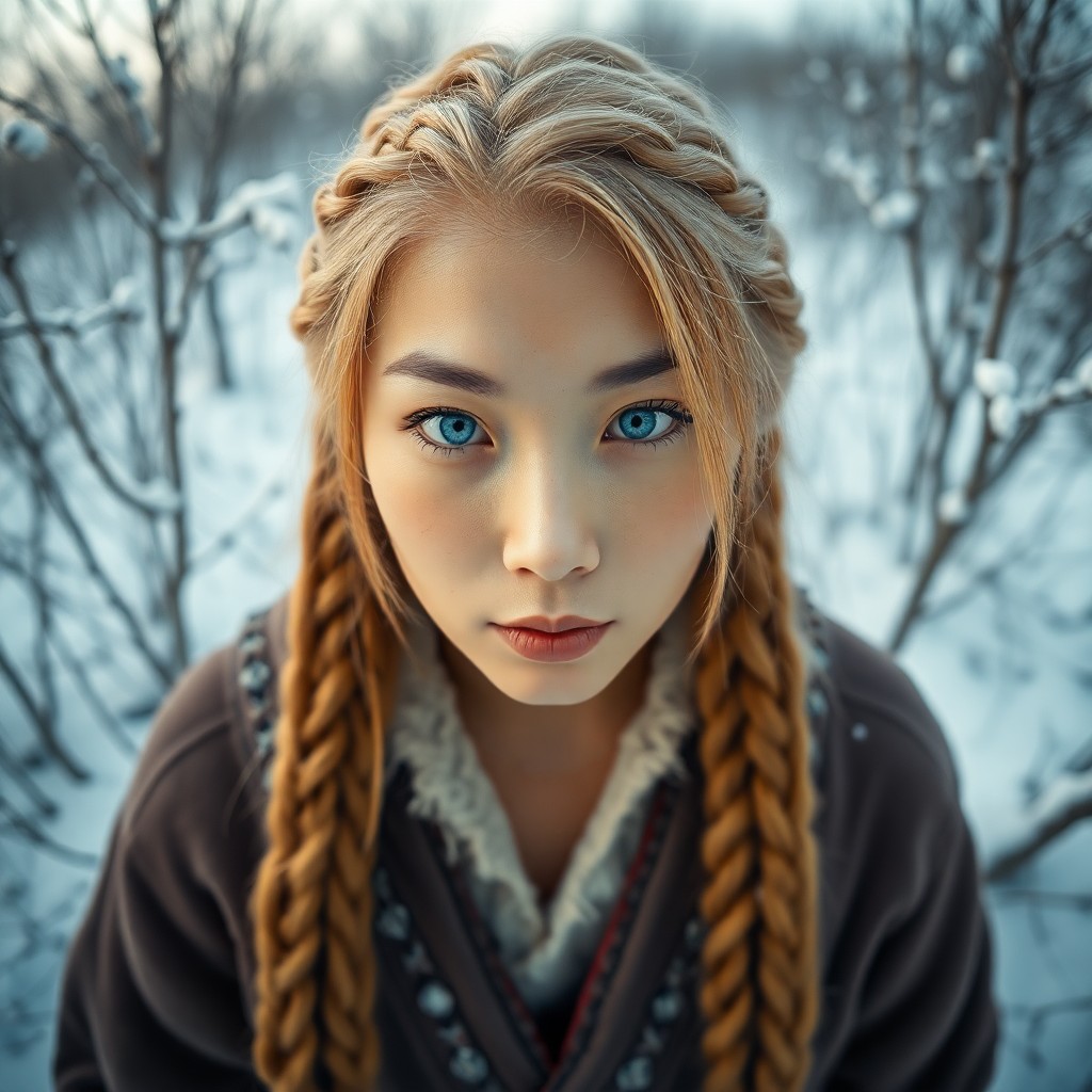 AI generated art for prompt: A captivating portrait photograph presents an East Asian woman with piercing blue eyes and long, gol