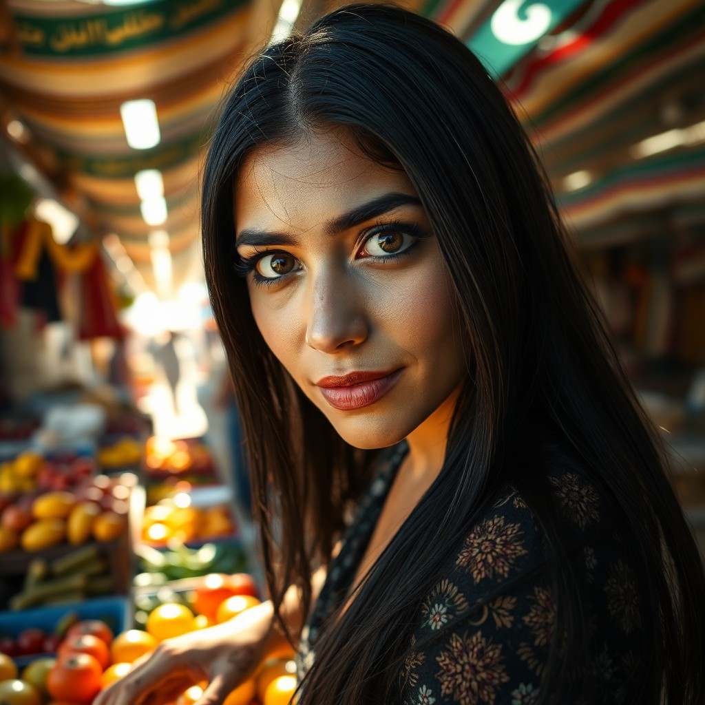 AI generated art for prompt: Envision an ultra-realistic portrait of a Middle Eastern woman with captivating dark eyes and sleek 