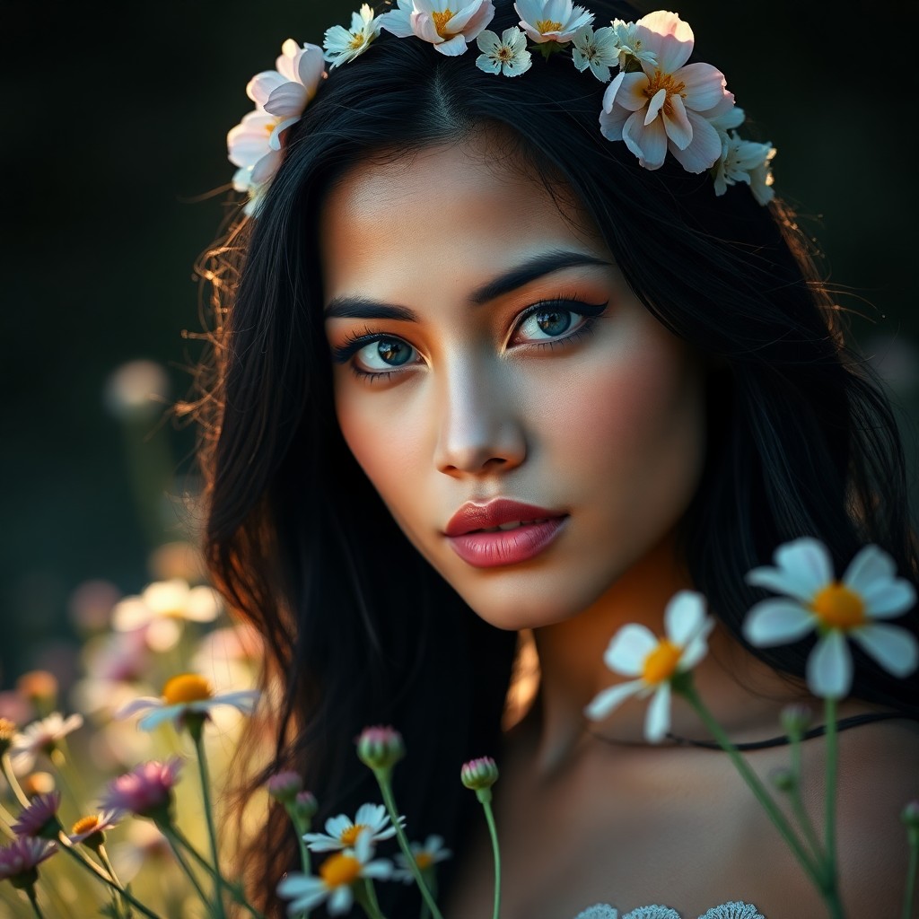 AI generated art for prompt: A photorealistic portrait photograph showcases a Pacific Islander woman with captivating blue eyes a