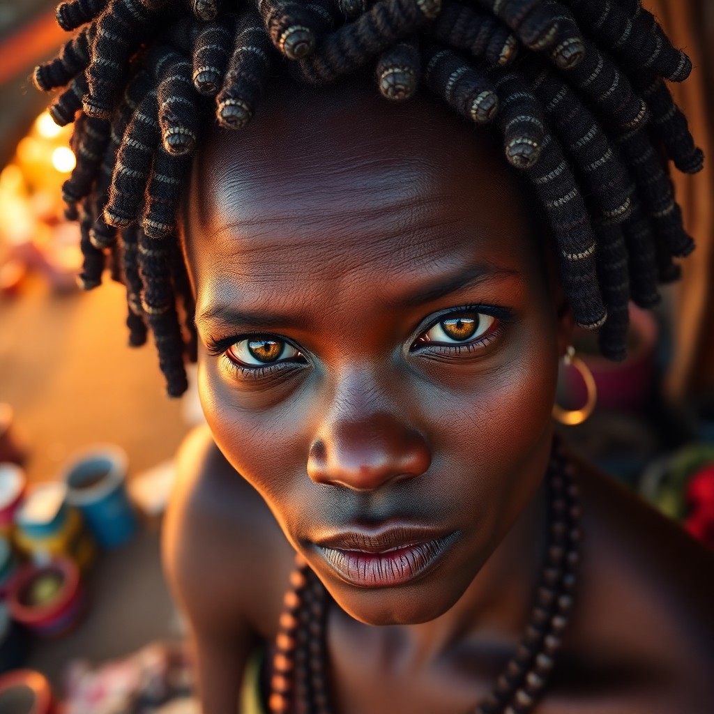 AI generated art for prompt: A photorealistic portrait photograph showcasing an African woman's intense gaze and striking golden-