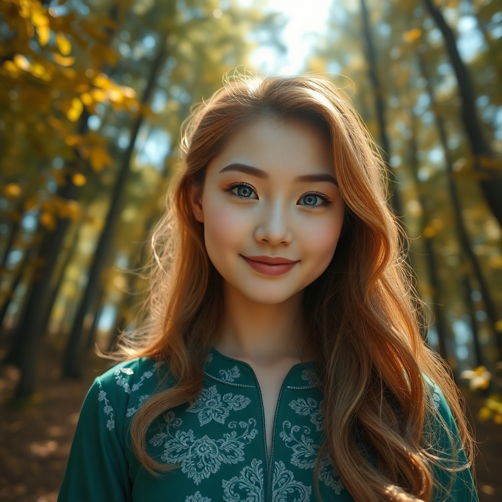 AI generated art for prompt: A photorealistic portrait photograph showcases an East Asian woman with a direct gaze, striking blue