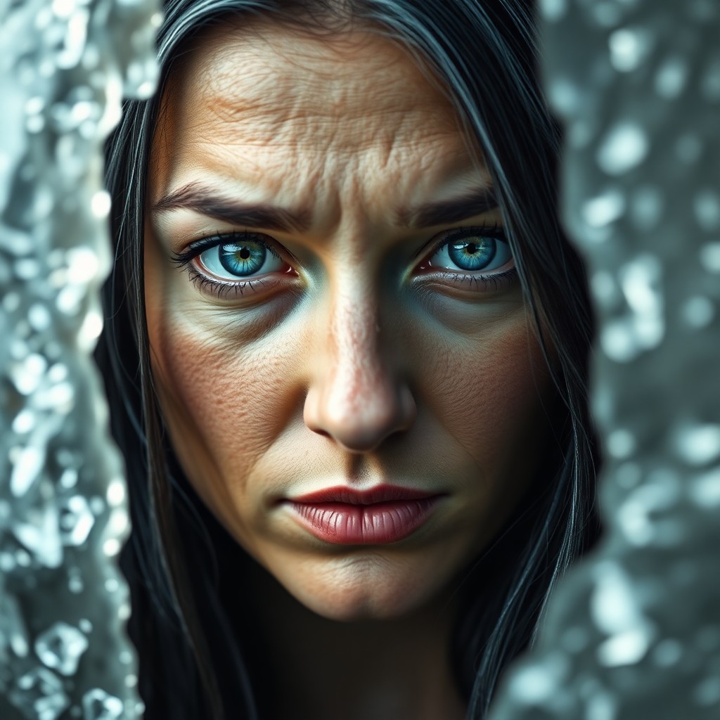 AI generated art for prompt: A photorealistic portrait photograph showcases an enigmatic Slavic woman with piercing ice-blue eyes