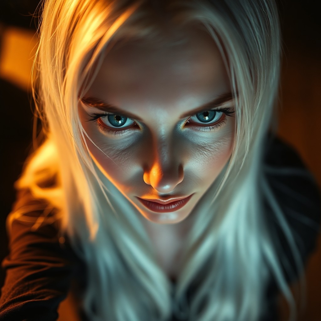 AI generated art for prompt: A captivating portrait photograph showcases a Slavic woman's enigmatic presence with piercing ice-bl