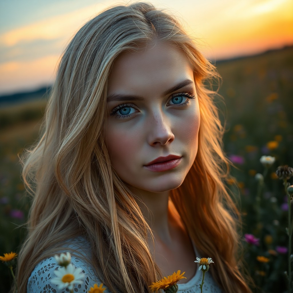 AI generated art for prompt: Craft a photorealistic portrait photograph of a Slavic woman with piercing ice-blue eyes and cascadi