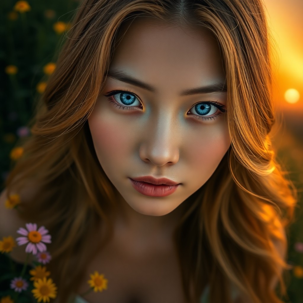 AI generated art for prompt: Craft a hyper-realistic portrait of an East Asian woman with piercing blue eyes and cascading golden