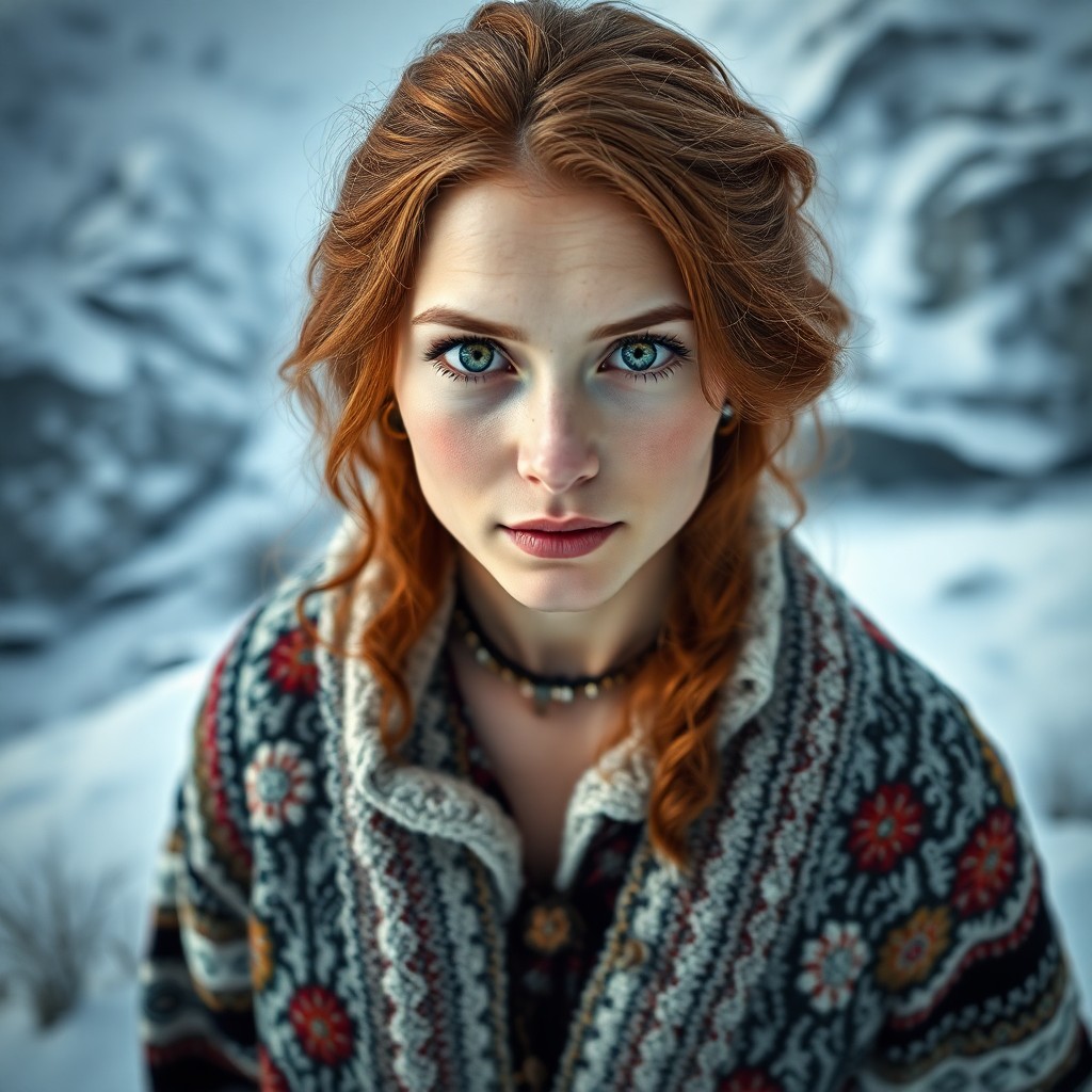 AI generated art for prompt: Craft a photorealistic portrait of a Nordic woman in her mid-thirties with piercing green eyes and c