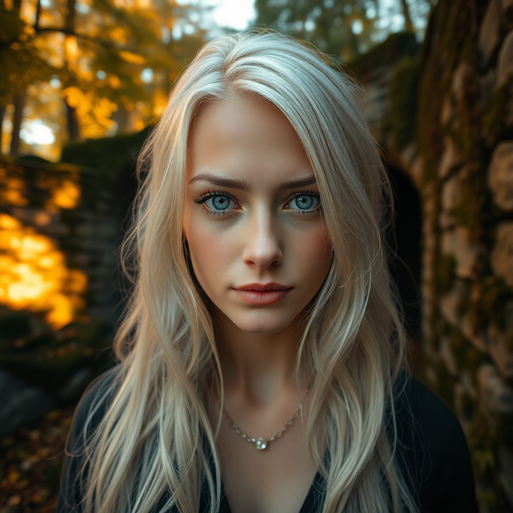 AI generated art for prompt: Craft a photorealistic portrait of a Slavic woman with piercing ice-blue eyes and cascading platinum