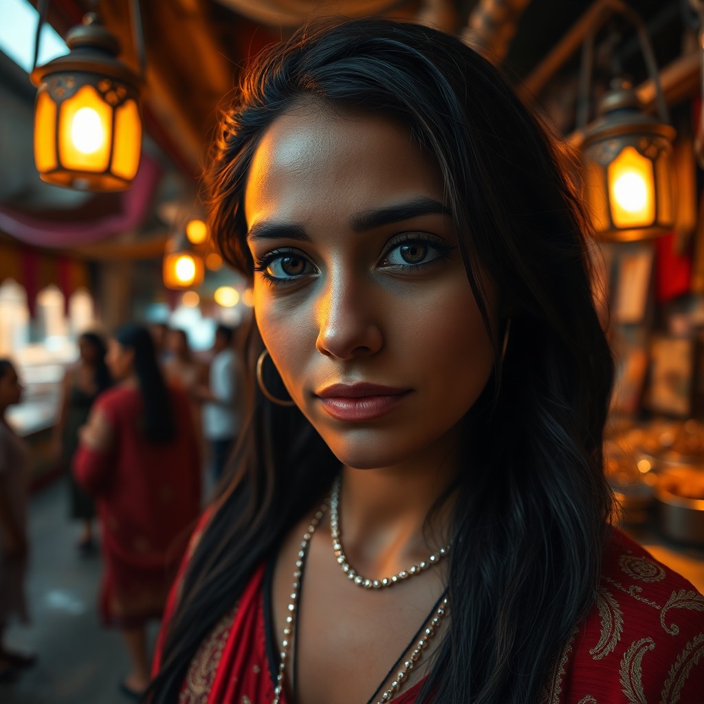 AI generated art for prompt: Imagine a DSLR portrait of a Middle Eastern woman with captivating dark eyes and smooth olive skin, 