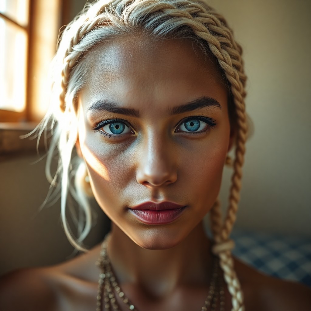 AI generated art for prompt: A close-up portrait photograph of a Hispanic woman with piercing blue eyes and shoulder-length plati