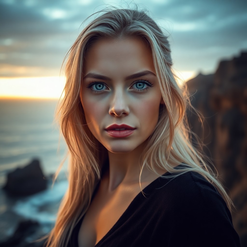 AI generated art for prompt: A photorealistic portrait depicts a European woman with piercing blue eyes, her gaze lost in introsp