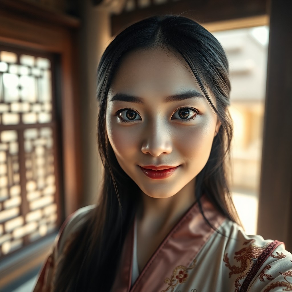 AI generated art for prompt: Envision a captivating portrait photograph of an East Asian woman with porcelain skin, her striking 