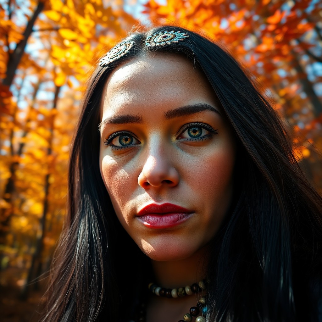 AI generated art for prompt: Envision a photorealistic portrait of an Native American woman with piercing green eyes and long, fl