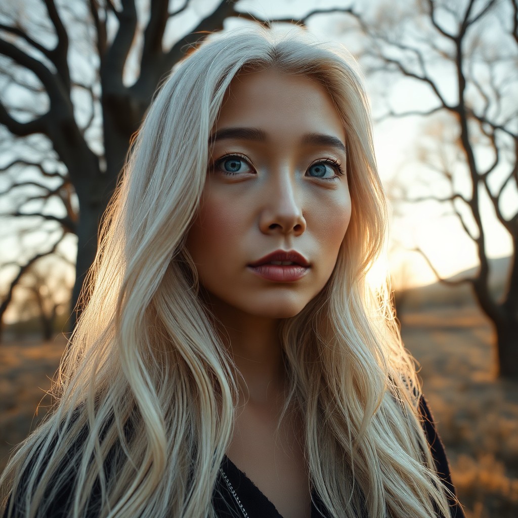 AI generated art for prompt: Envision a captivating East Asian woman with piercing blue eyes and long, wavy platinum blonde hair 