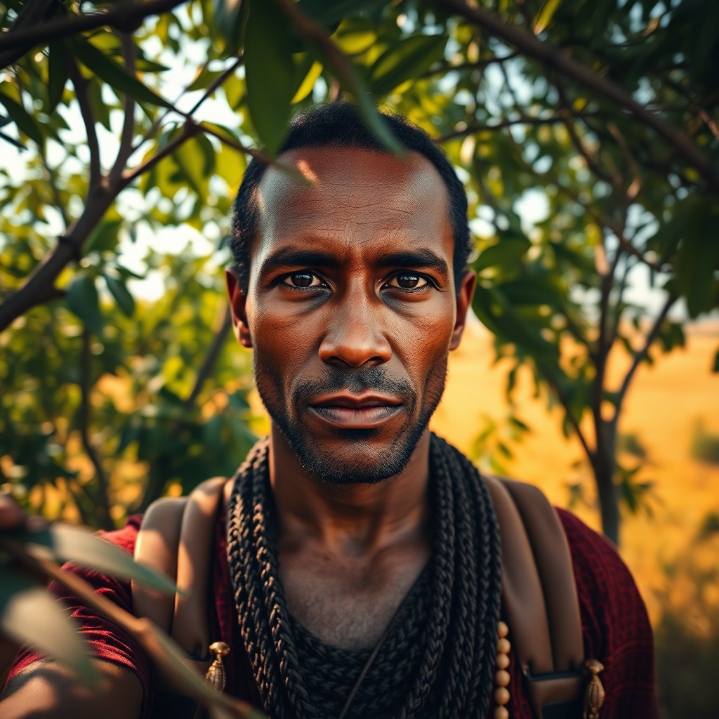 AI generated art for prompt: Imagine a smartphone portrait of an experienced African explorer, their sun-kissed skin and intense 