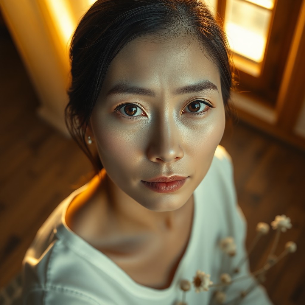 AI generated art for prompt: Envision a serene portrait photograph of an East Asian woman in her mid-forties, featuring captivati