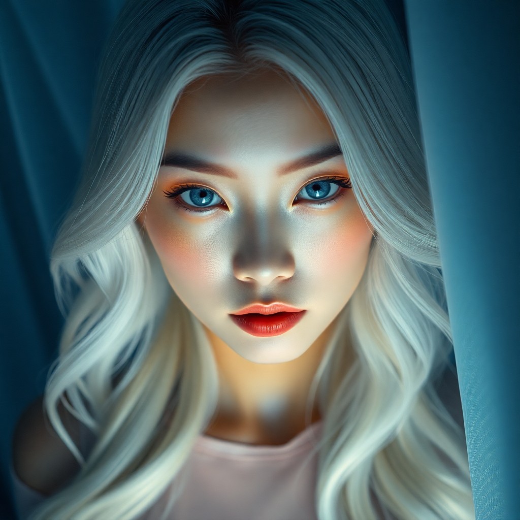 AI generated art for prompt: An ultrarealistic portrait showcases an East Asian woman with piercing ice-blue eyes and long, wavy 