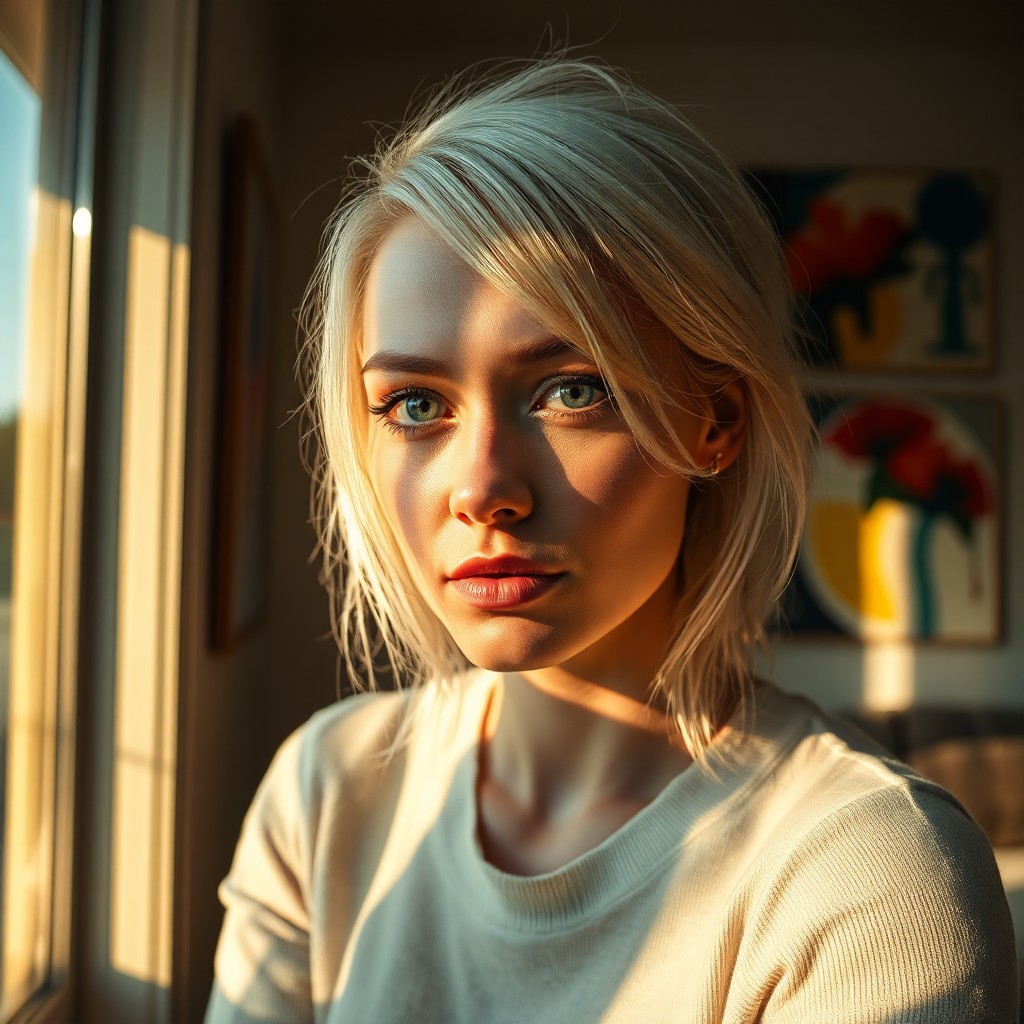 AI generated art for prompt: An iPhone portrait showcases a Nordic woman with striking ice-blue eyes and platinum blonde hair bat