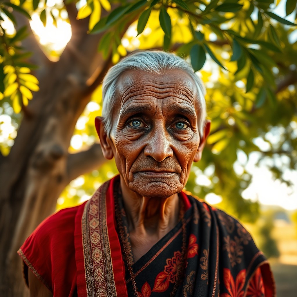 AI generated art for prompt: Craft a photorealistic portrait photo using an iPhone, capturing a wise South Asian elder with strik