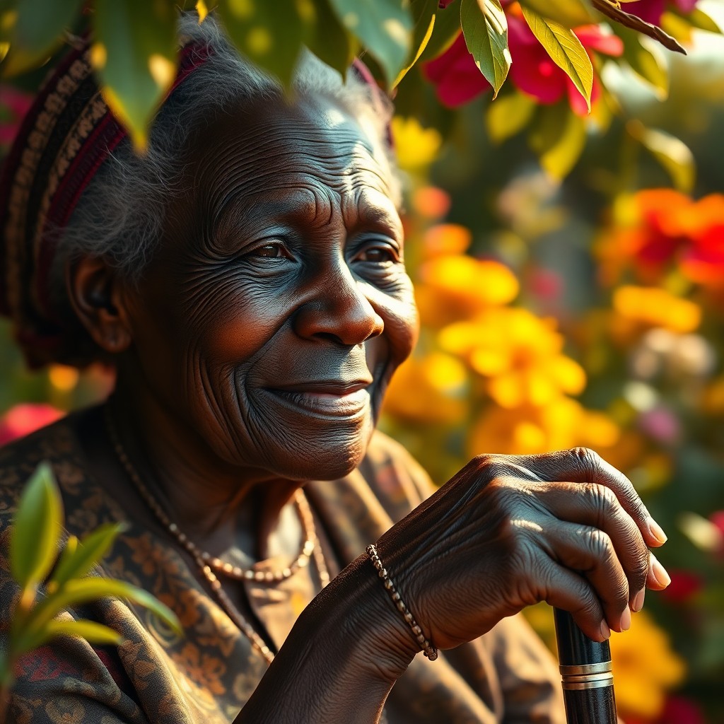 AI generated art for prompt: Craft a photorealistic portrait of an elderly African woman, her dark skin aglow with warmth and wis