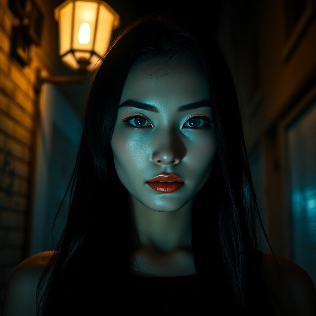 AI generated art for prompt: Envision a portrait photograph capturing the allure of an East Asian woman with striking ice-blue ey