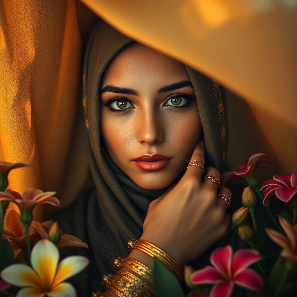 AI generated art for prompt: A captivating hyperrealistic portrait reveals a Middle Eastern woman's enigmatic allure beneath soft