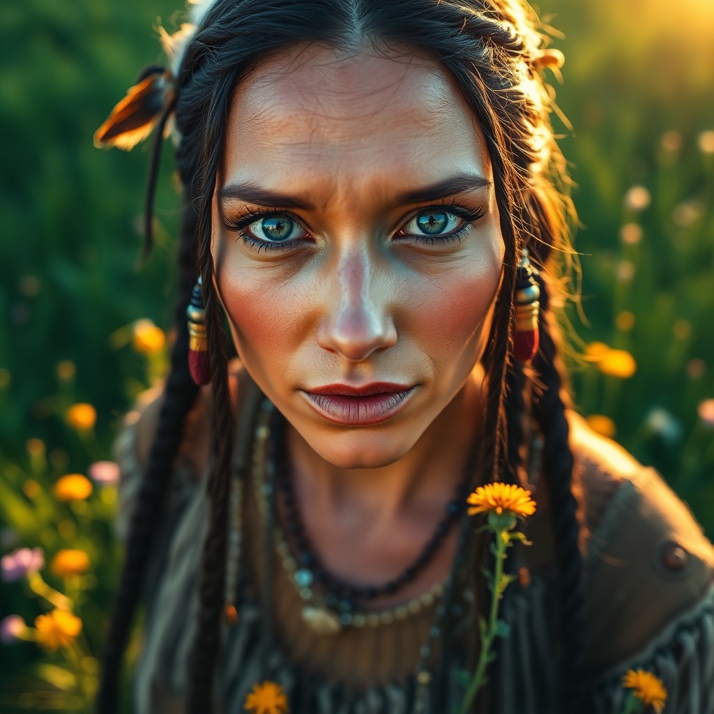 AI generated art for prompt: Imagine a portrait photograph of a Native American woman with piercing obsidian eyes accentuated by 