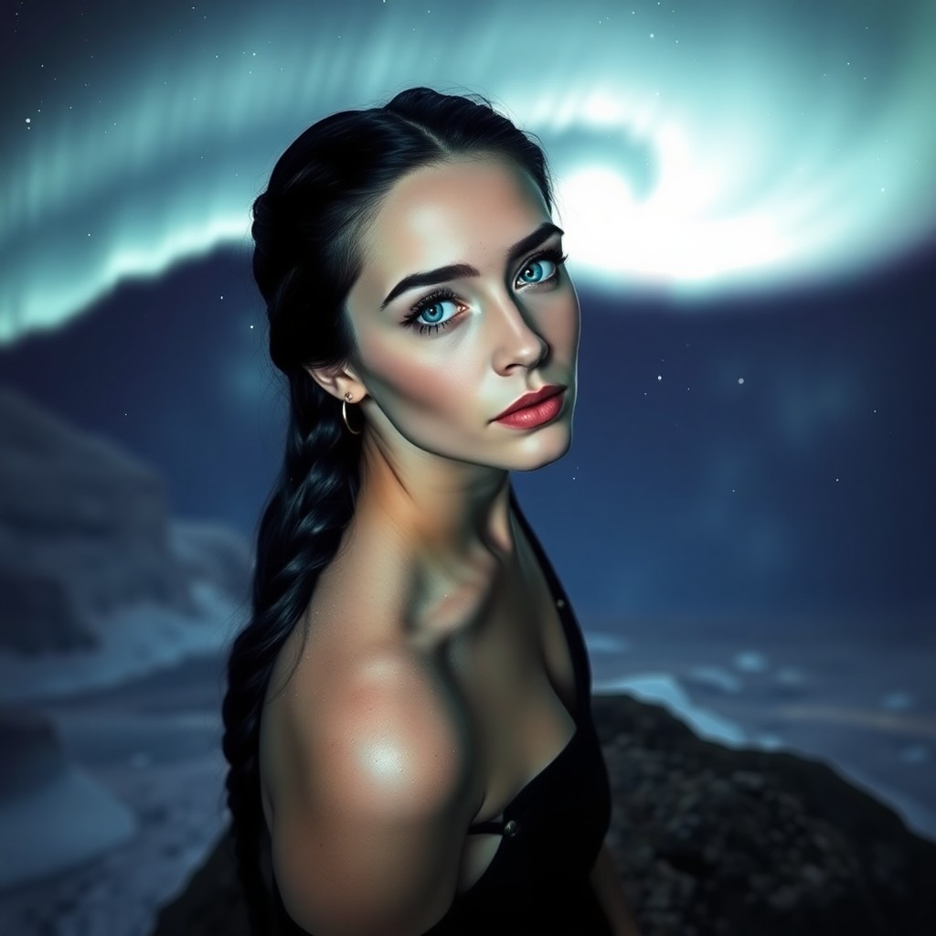 AI generated art for prompt: Create a photorealistic portrait photograph of a Slavic woman with striking ice-blue eyes and sleek 