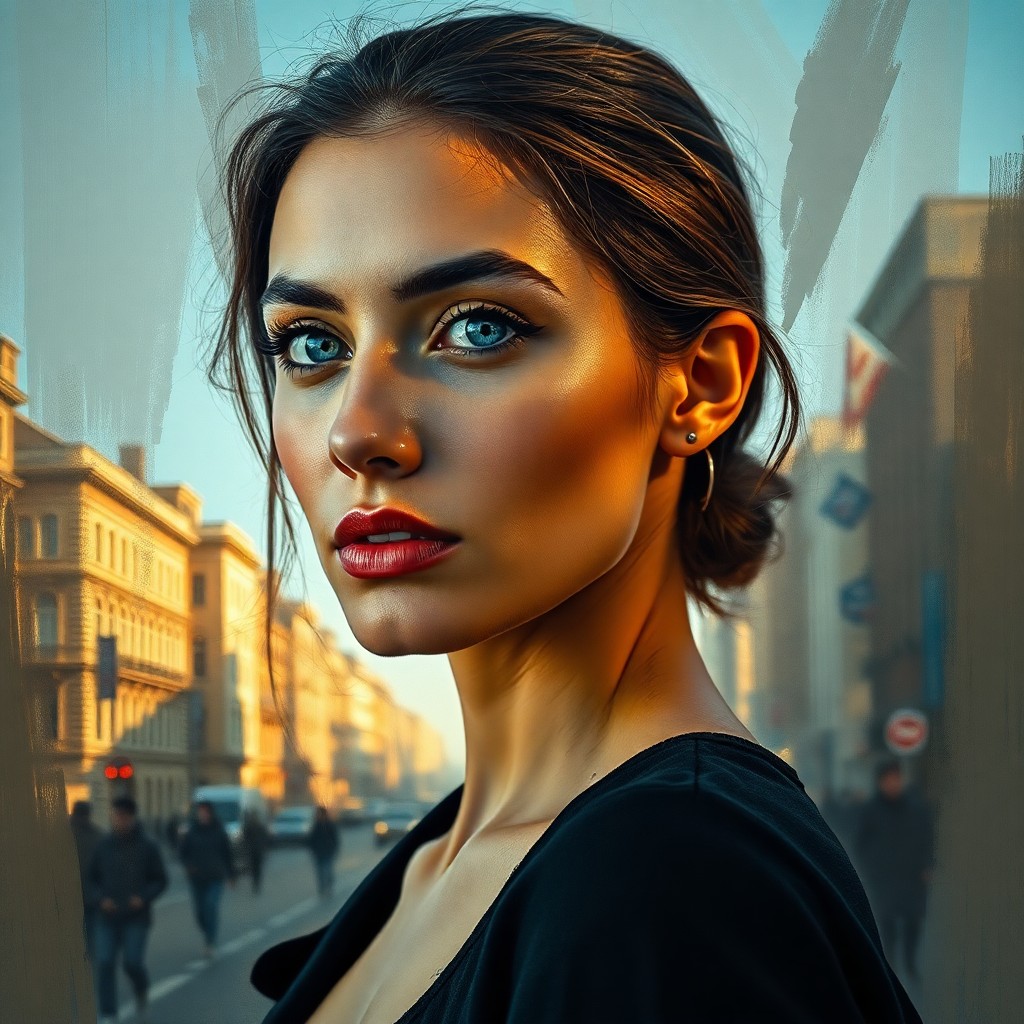 AI generated art for prompt: Envision a portrait photograph of a Middle Eastern woman with piercing ice-blue eyes against her fai