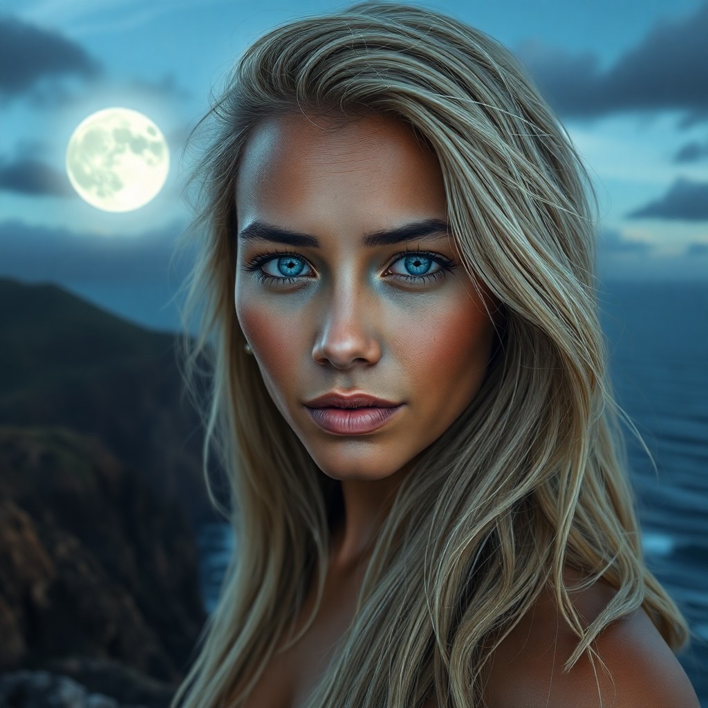 AI generated art for prompt: Craft a photorealistic portrait of a Pacific Islander woman with piercing blue eyes and cascading bl