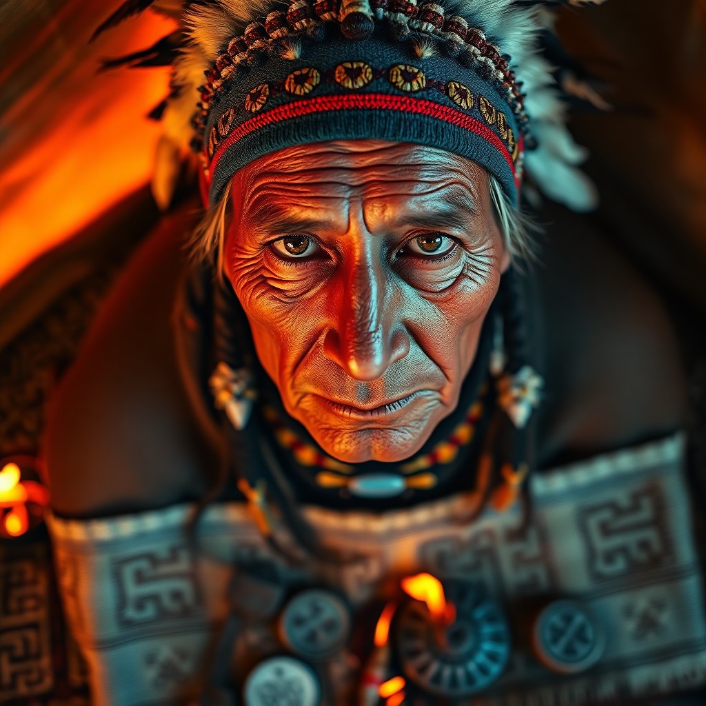 AI generated art for prompt: A photorealistic portrait photograph captures the essence of a Native American elder with deep amber