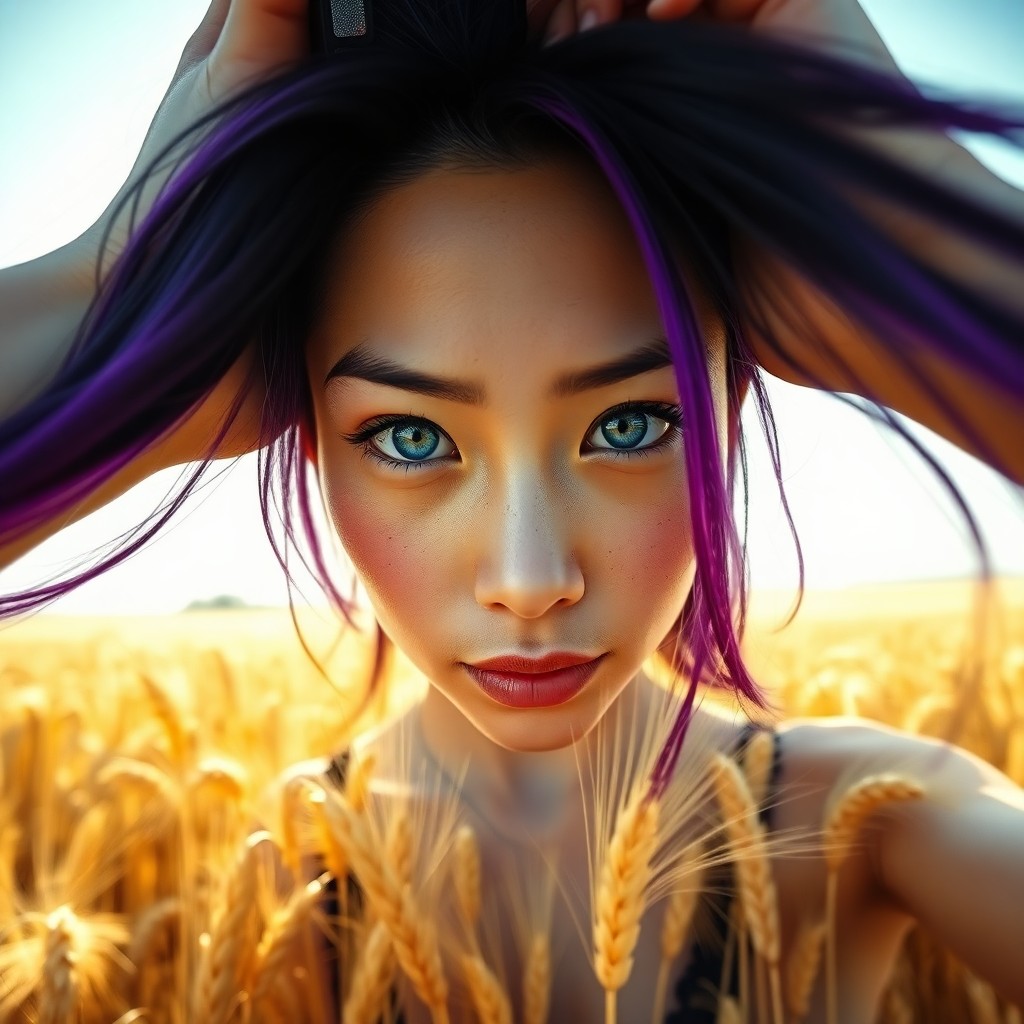 AI generated art for prompt: A smartphone camera captures an East Asian woman's piercing blue eyes and jet-black hair with vibran