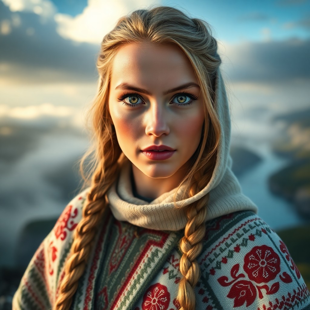 AI generated art for prompt: Craft a photorealistic portrait photograph of a Nordic woman with striking green eyes and regal feat