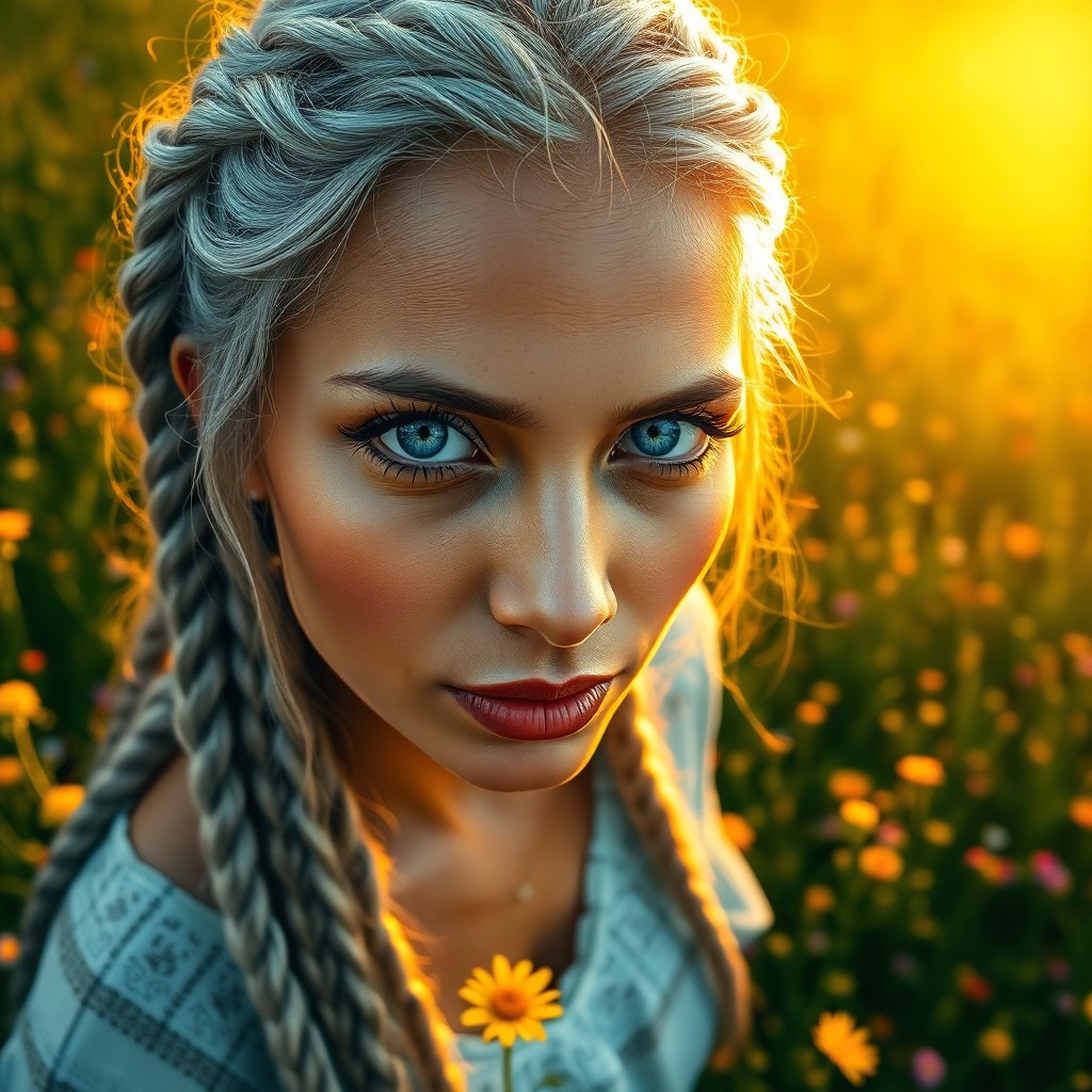 AI generated art for prompt: A hyperrealistic portrait showcases a South Asian woman with striking blue eyes and long silver hair