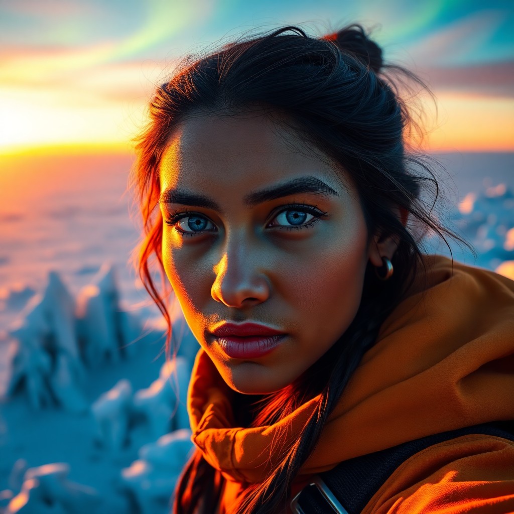 AI generated art for prompt: Craft a hyper-realistic portrait of a South Asian adventurer with striking blue eyes and rugged feat