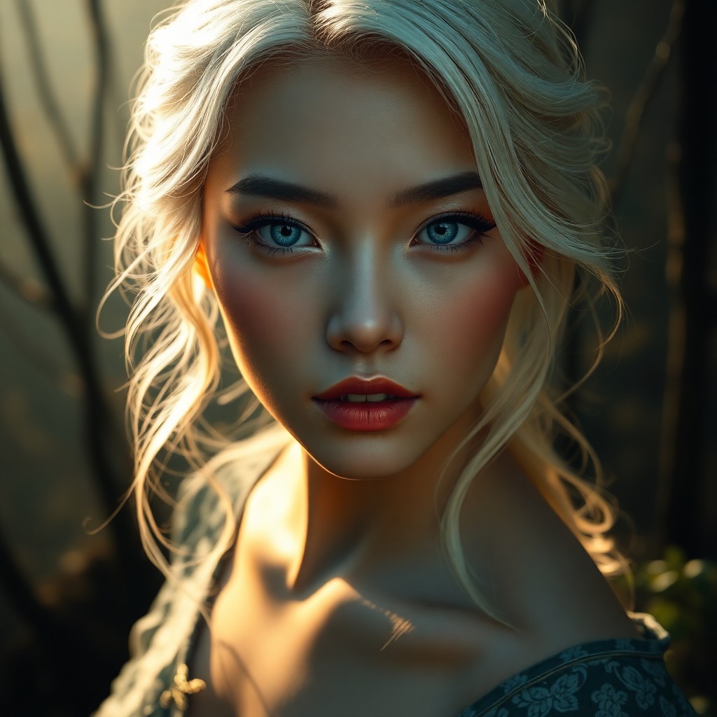 AI generated art for prompt: A photorealistic portrait photograph of an East Asian woman, her piercing blue eyes and wavy platinu