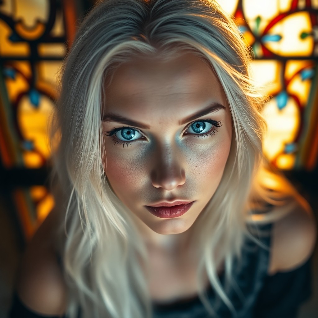 AI generated art for prompt: A captivating DSLR portrait of a Native American woman with striking icy blue eyes and shimmering pl