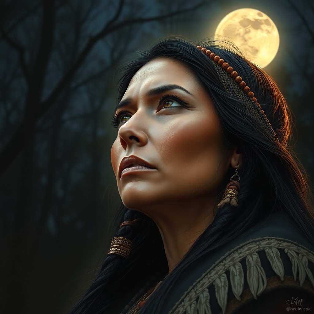 AI generated art for prompt: Craft a hyper-realistic portrait of a Native American woman with deep brown eyes and raven hair ador