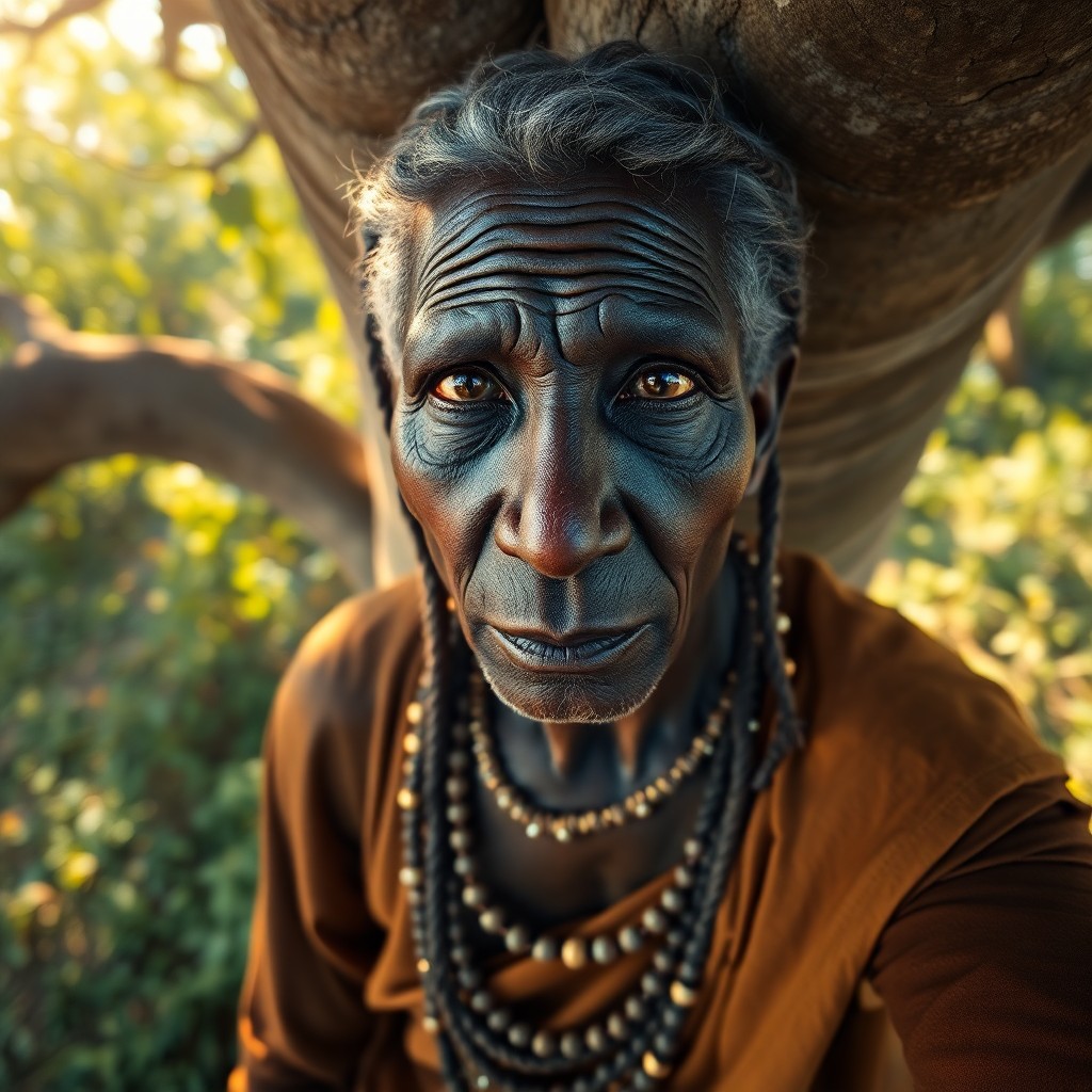 AI generated art for prompt: In a contemporary hyperrealist portrait photograph, an African elder with deep brown eyes and weathe