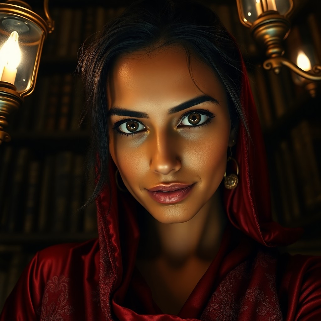 AI generated art for prompt: Imagine a captivating portrait of a Middle Eastern woman, her mesmerizing golden-brown eyes and smoo