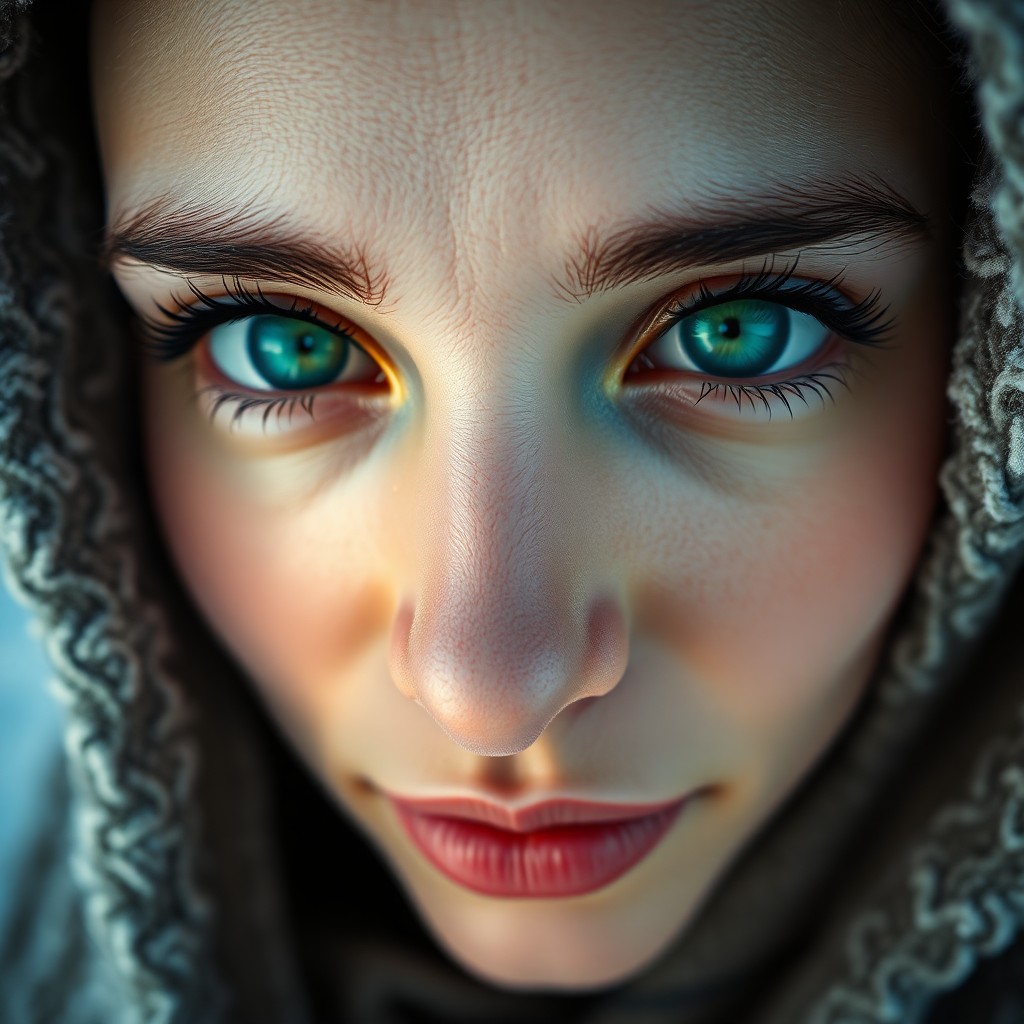 AI generated art for prompt: A captivating Middle Eastern woman with translucent pale skin and striking emerald eyes stares direc