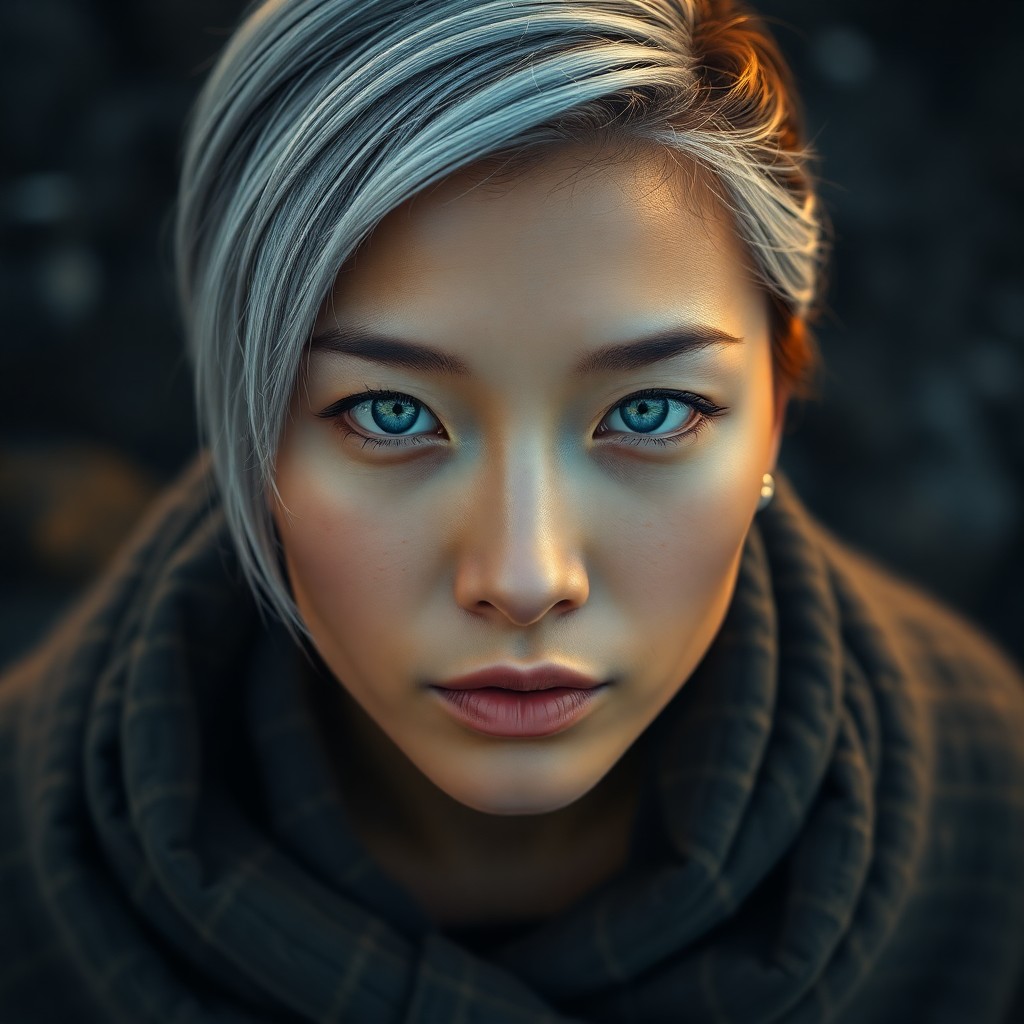 AI generated art for prompt: A photorealistic portrait photograph of an East Asian woman with piercing ice-blue eyes, set against