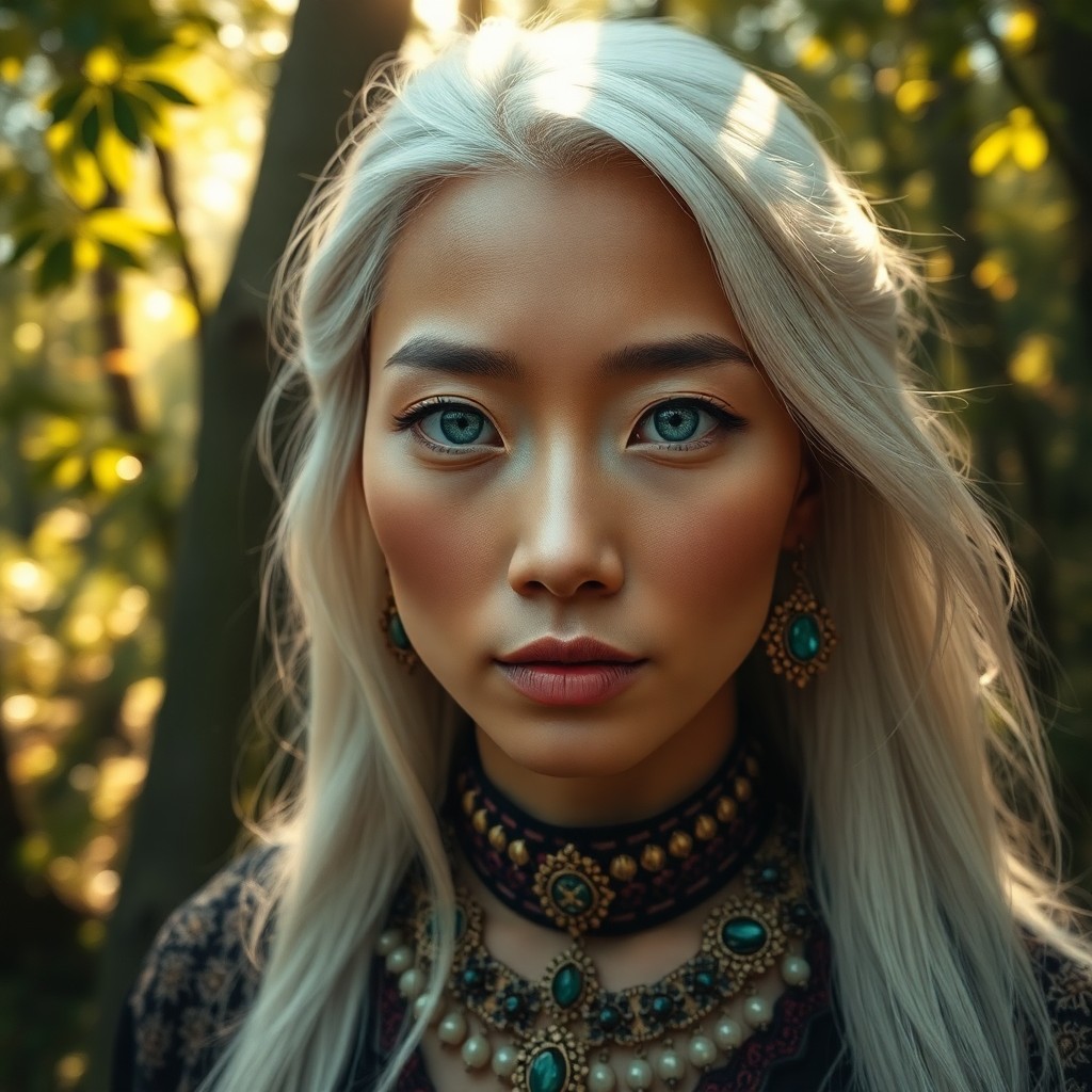 AI generated art for prompt: A photorealistic portrait of an East Asian woman with piercing blue eyes and long platinum hair, bat