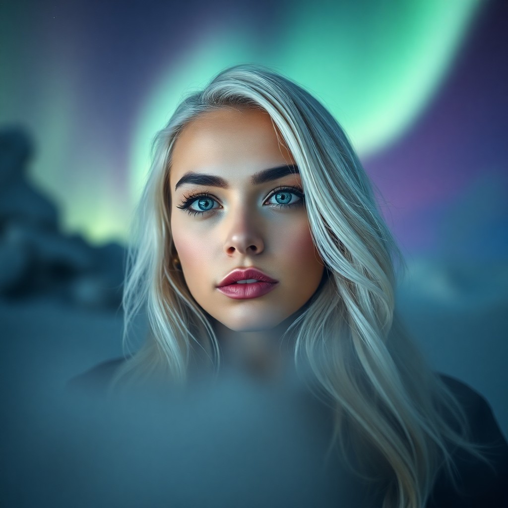 AI generated art for prompt: A portrait photograph depicts a Hispanic woman with piercing blue eyes and cascading platinum hair, 