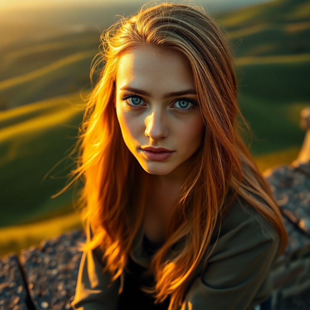 AI generated art for prompt: A photorealistic portrait photograph depicts a European woman with piercing blue eyes and flowing go