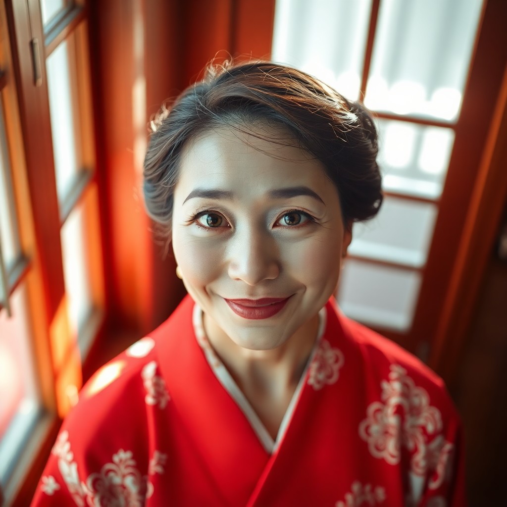 AI generated art for prompt: Photograph a Japanese-American woman in her early 50s with porcelain skin and captivating hazel eyes