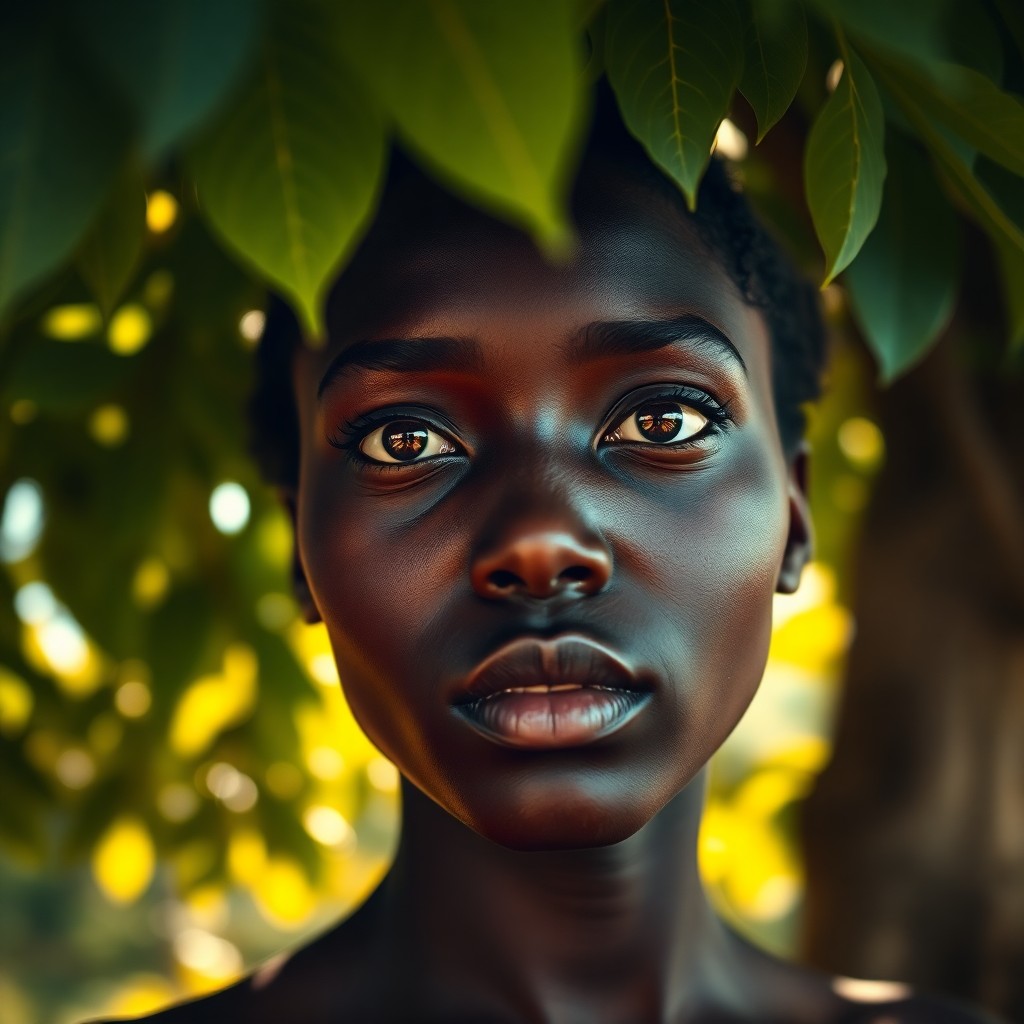 AI generated art for prompt: A DSLR portrait photo captures the enigmatic aura of a young African woman with captivating honey-br