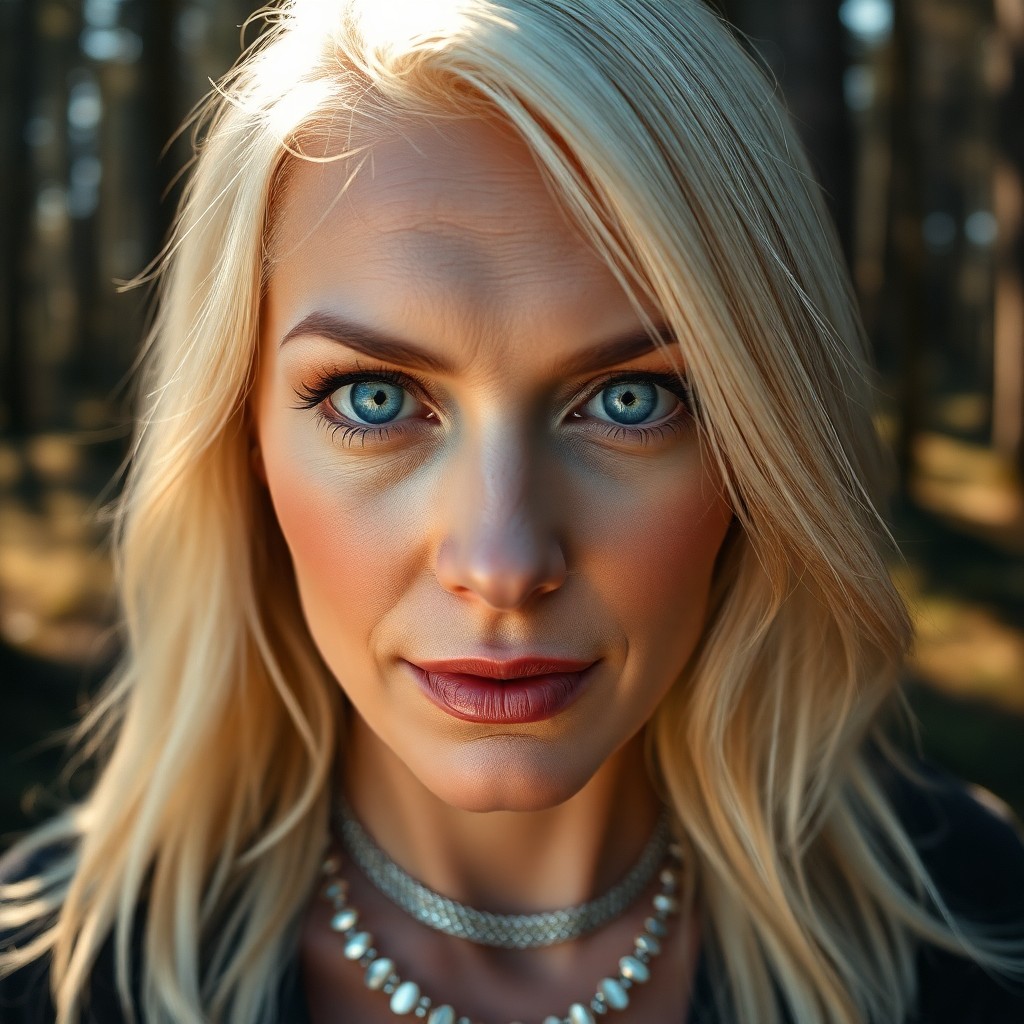 AI generated art for prompt: An ultrarealistic portrait showcases a Slavic woman in her early forties with striking blue eyes and