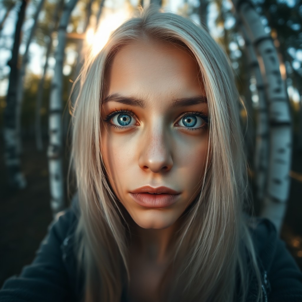 AI generated art for prompt: A Nordic woman with piercing blue eyes and long platinum hair stands out in a soft morning light, fi