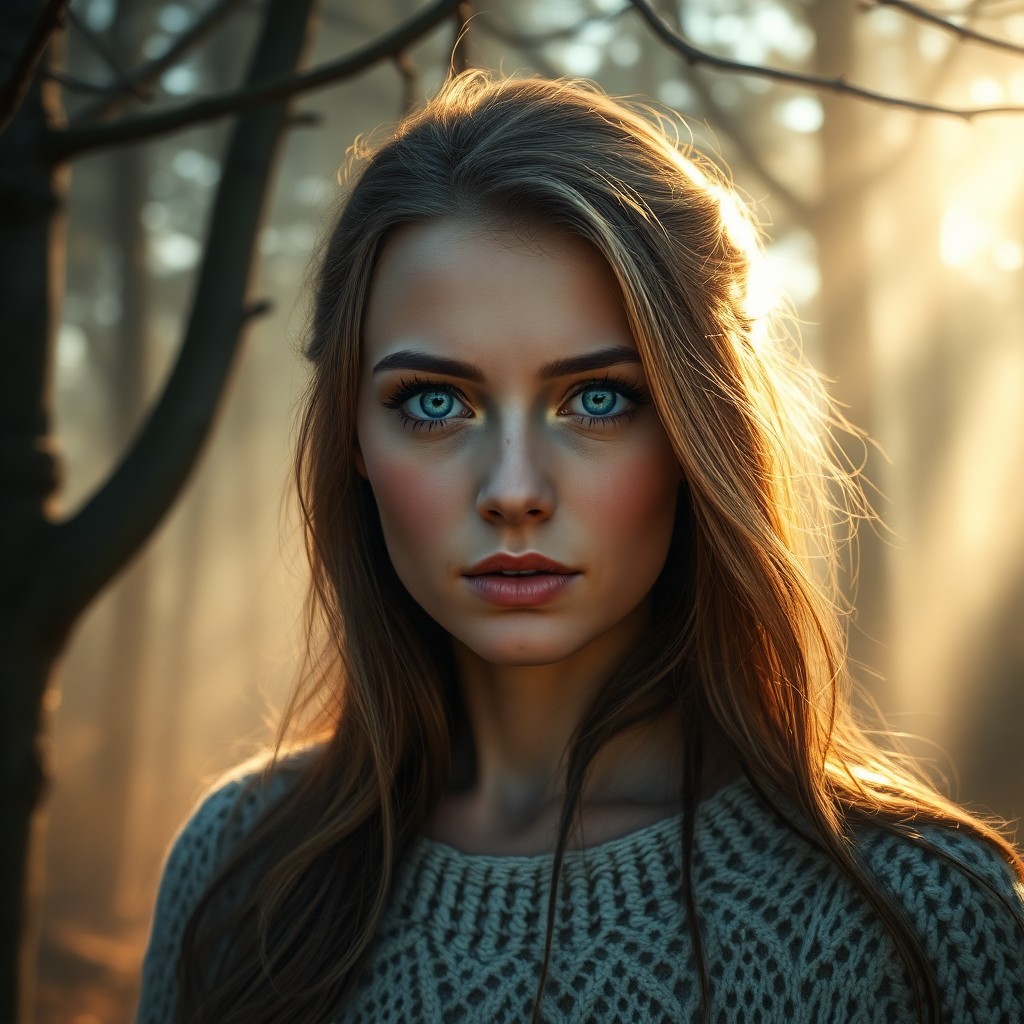 AI generated art for prompt: Envision a photorealistic portrait photograph of a Nordic woman with captivating azure eyes, her gaz